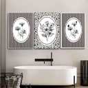 3 Pcs Vintage Floral Canvas Wall Art Bathroom Wall Painting Black And White Stripe Cottage Wildflower Poster Print Rustic Farmhouse Wall Decor for Bedroom Bathroom Living Room Office Kitchen