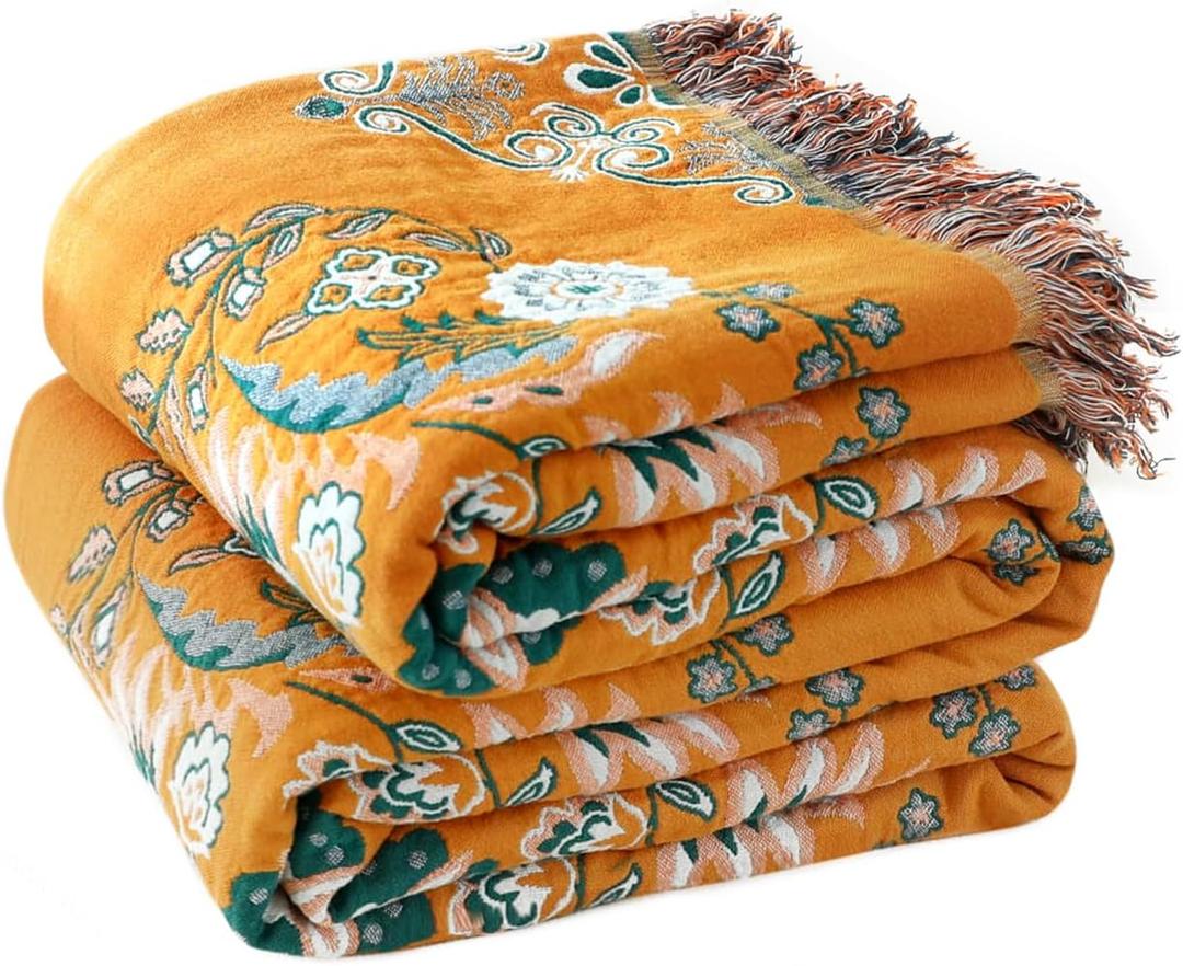 Boho Throw Blanket for Bed 100% Cotton Soft Lightweight Quilt Floral Embroidery Home Decor Spring Breathable Bed Blanket,80"x90" All Season Reversible Yellow Blankets for Sofa Couch Chair