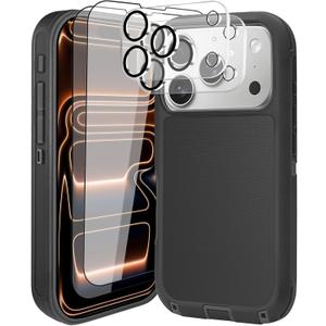 For iPhone 17 Pro Case (6.3"), with 2 Tempered Glass Screen Protector [Heavy Duty Military-Grade Full Body Drop Protection] Shockproof Tough Durable 6.3 InchBlack+Lens