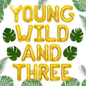 LaVenty 13PCS Young Wild and Three Balloon Young Wild and Three Banner Young Wild and Three Decorations for Boy Girl Third Birthday 3rd Birthday Balloon Decorations