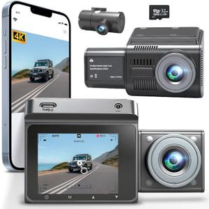 4k Dual Dash Cam Front and Rear,Hd Three-Camera Car Recorder,Equipped with GPS Navigation, Loop Recording, Parking Monitoring, Collision Sensing, 3.2 IPS Screen,Free 32g Memory Card