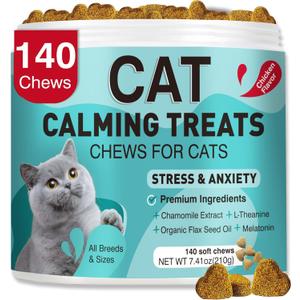 Cat Calming Treats, 140 Soft Chews to Relieve Anxiety, Stress & Prevent Bites, Perfect for Travel & Veterinary Visits, Soothing Calming Care, Exp: 11/09/27