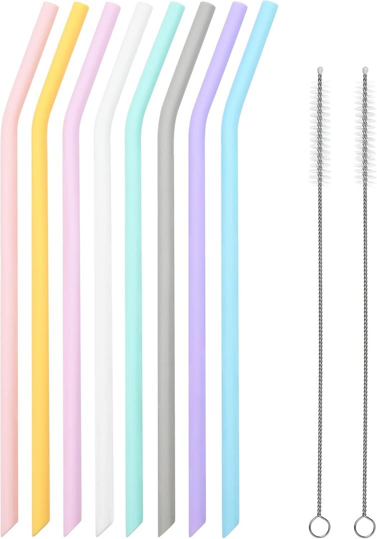 Reusable Silicone Drinking Straws, 8 Pcs Long Flexible Straws with 2 Cleaning Brushes for 20 and 30 oz Yeti/Rtic/Ozark Tumblers, BPA free, no Rubber Taste