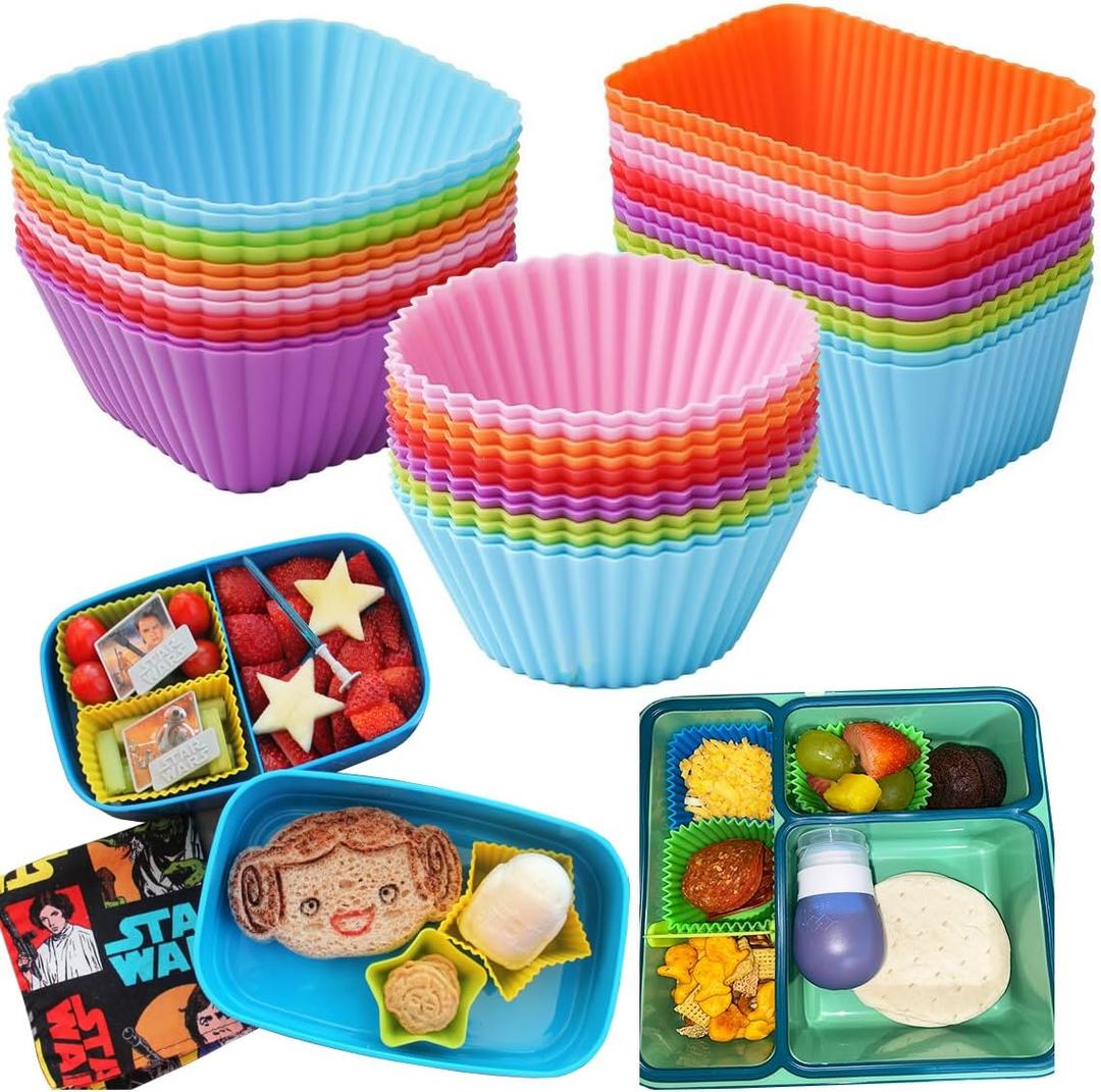 Silicone Bento Lunch Box Dividers 3 Shapes of Standard Round & Square & Rectangle - Reusable Silicone Cupcake Liners Non-Stick Muffin Cups for Baking (Multicolor)