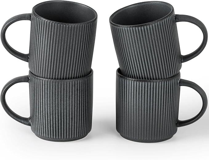famiware Coffee Mug Set for 4, Star 12 oz Catering Mugs Cup Set with Handle for Coffee, Tea, Cocoa, Milk  Ceramic Stoneware Drinkware Set, Matte Dark Charcoal