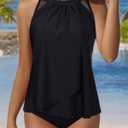 SUUKSESS Women Tummy Control Tankini Bathing Suit Ruffle High Waisted Swimsuit (Black, XXL)