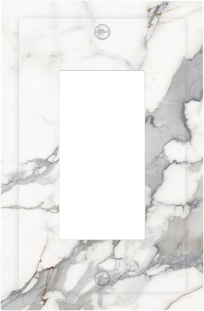 Gray White Marble 1 Gang Single Rocker Decorative Electrical Wall Plate Light Switch Cover Grey Outlet Faceplate Switchplate Receptacle Cover For Kitchen Home Office Room