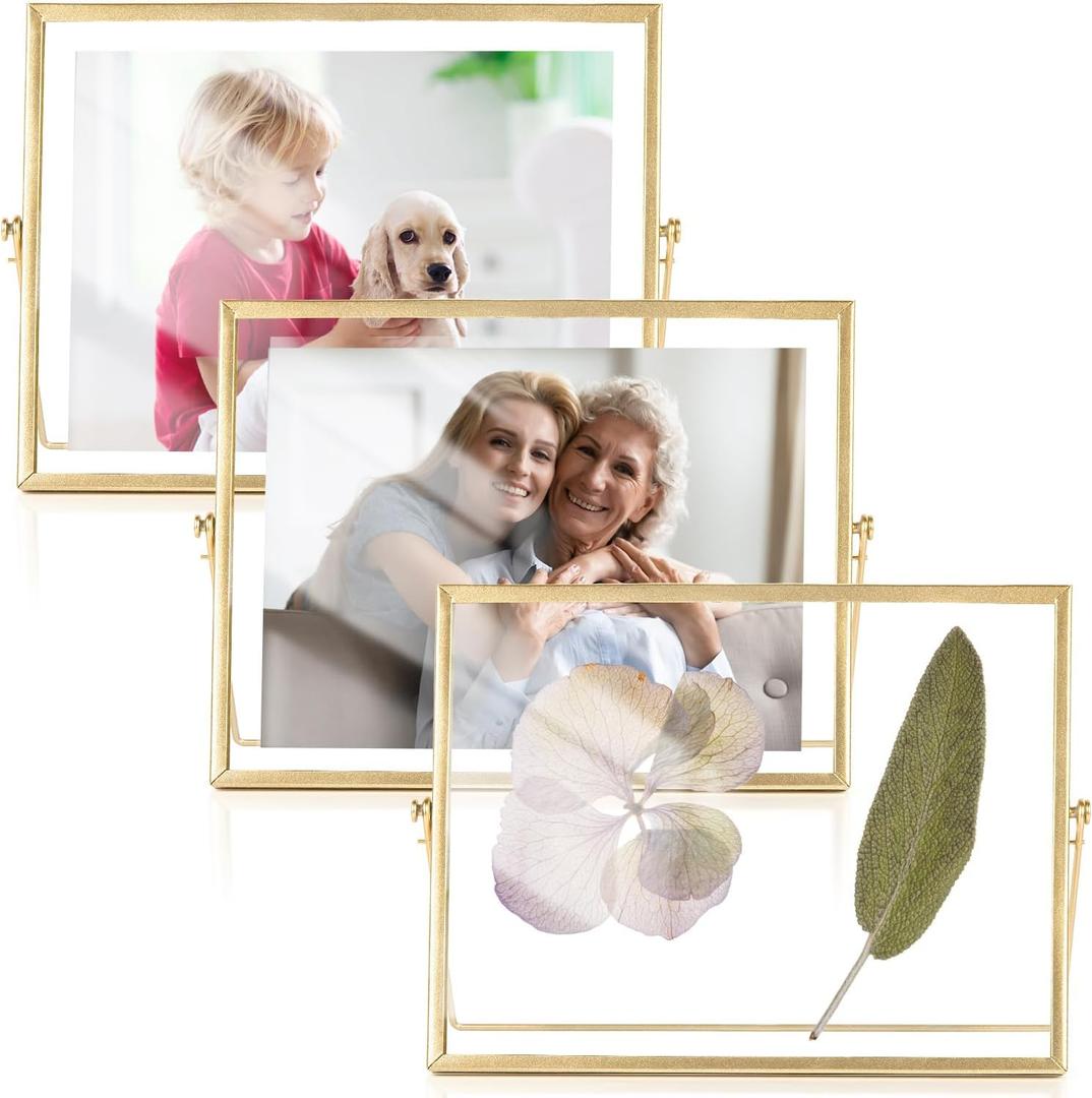 AceList 8x10 Picture Frame Set of 3 for 6x8 Photo - Gold Metal Floating Photo Frame with Glass Cover - 8x10 Frame Gold Picture Frame - Floating Frame for Tabletop Display Horizontally