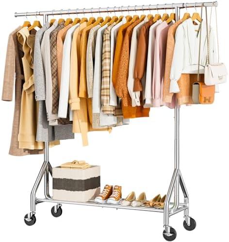 HYSEYY Heavy Duty Clothes Rack Load 450 LBS, Metal Garment Rack, Standing Rolling Clothing Rack for Hanging Clothes with Sturdy Wheels & Shelves, Portable Closet Wardrobe Rack,Sliver