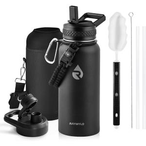 RAYMYLO Insulated Water Bottle 32 oz, Triple Wall Vacuum Stainless Steel (Cold for 48 Hrs), Leak Proof & Non-BPA, Modern Water Flask Jug with Paracord Handle & Straw Spout Lids, Magic Black