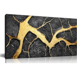 DNIEOTU Abstract Wall Art for Living Room, Black and Gold Hand-Painted Canvas Wall-Decor for Bedroom, 3D Textured Paintings, Size 40 x 20 Inches