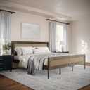 Martha Stewart Jax King Solid Wood Platform Bed, Brown Gray Rattan Headboard and Footboard, No Box Spring Required, Wood Slat Foundation 85.25"L x 79.75"W x 44"H