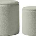 Round Boucle Upholstered Ottoman with Storage Set of 2 Vanity Stool Foot Rest with Removable Lid White Tall Ottomans Chair for Living Room Pouf Footstool,Gifts Green
