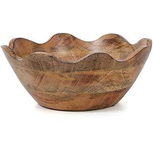 Mela Artisans Wooden Scalloped Bowl - Medium | Ruffle Decorative Style | Rustic Kitchen Decor | Mango Wood | Natural Grain Finish | Fits Bread, Fruits, Salad or Popcorn | 10” x 4” x 9”