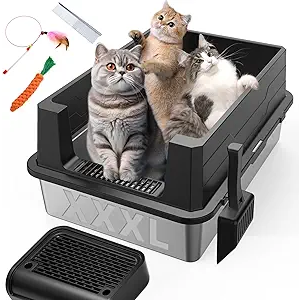 XXXL Stainless Steel Litter Box with Footboard,Extra Large 28" L x 20" W Metal Litter Box for Big Cats & Multiple Cats with High Sided, Anti-Leakage, Non-Sticky, Easy Cleaning, Include Scoop