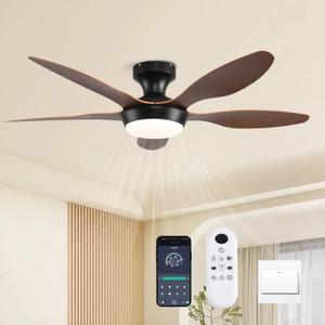 Ceiling Fans with Lights, 46 Inch Low Profile Ceiling Fan with Light and Remote Control, Flush Mount 6 Speeds Reversible Ceiling Fan, Dimmable Noiseless Ceiling Fans for Bedroom, Brown