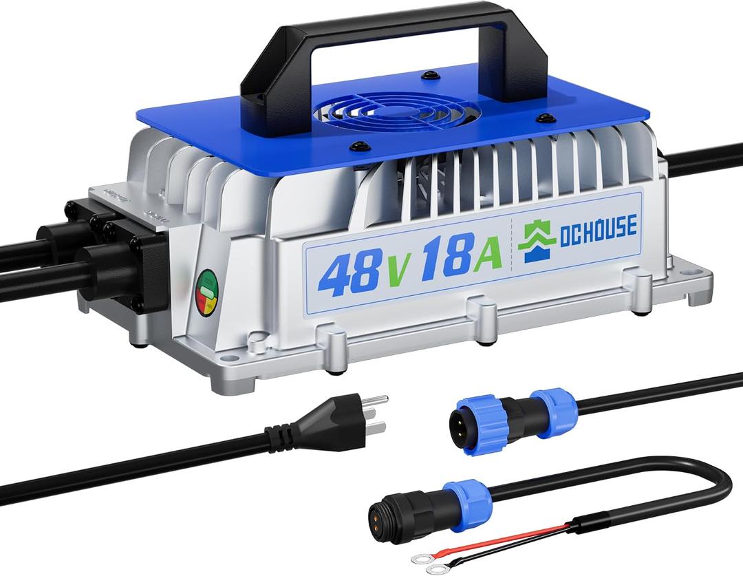 DC HOUSE 48V 18A Lithium Battery Charger, 900W Fast Charger, Charging Efficiency ≥ 93%, IP65 Waterproof Anti-Fall with Cooling Fan, Suitable for 48V Golf Cart/Forklift/Ship Lithium Battery