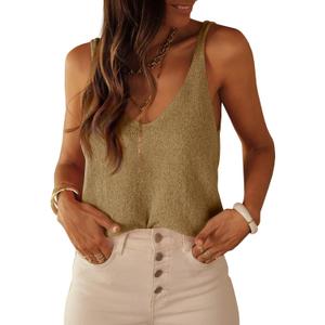 Tankaneo Womens Knit Sweater Tank Tops Casual Summer V Neck Loose Fit Sleeveless Camisole Shirts (Small, Khaki)