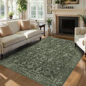 Washable Area Rug 6x9 Green Rugs for Living Room, Vintage Boho Large Rug for Bedroom Dining Room Office, Distressed Floral Print Carpet for Under Table, Soft Non Slip Low Pile Throw Carpet Indoor Mat