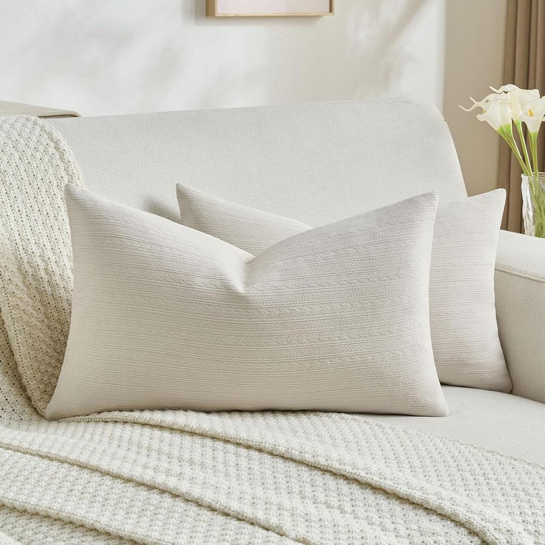 FUTEI Pack of 2 Solid Chenille Throw Pillow Covers 12x20 Inch Soft Cozy Wheat Ear Striped Textured Decorative Lumbar Pillowcases Modern Farmhouse Accent for Couch Bed Living Room, Beige