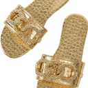 OYOANGLE Women's Gold Chain Crocodile Embossed Sandals Dressy Metallic Flats Open Toe Slides (Gold, 11.5)