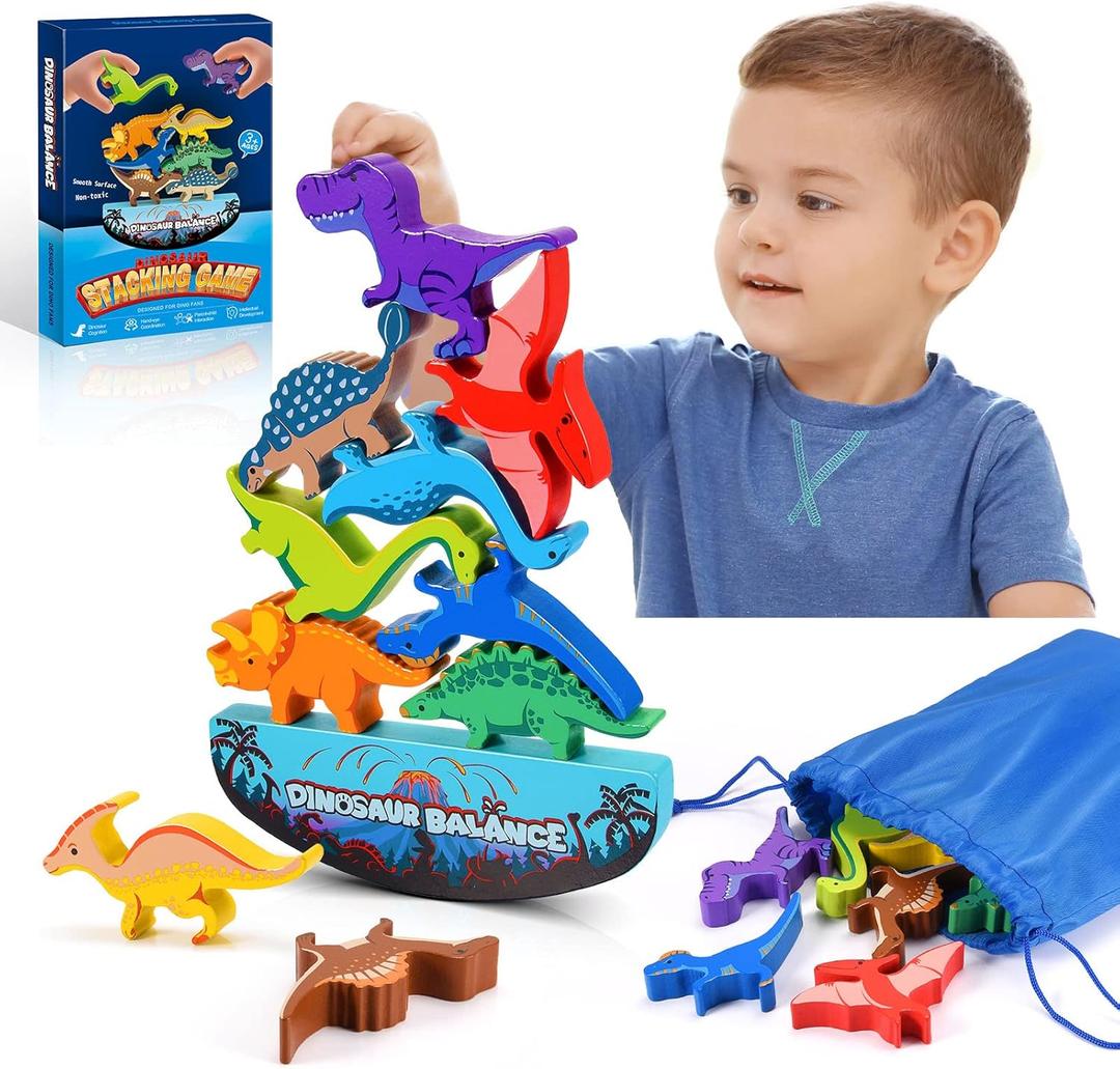 IPOURUP Dinosaur Toys for Kids 3-5: Wooden Stacking Montessori Toys for 3 4 5 6 7 8 Year Old Boys Girls Birthday Gifts for Kid Ages 4-8 Balance Competition Game for Family Stocking Stuffers