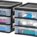 IRIS USA Plastic Stacking Desk Top 3-Drawer Storage Organizer, 2-Pack, for Makeup Vanity Nail Polish Bathroom Stationery Art Craft Supplies Kitchen Office Garage and Small Organization, Small, Black