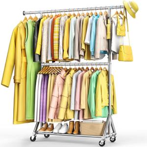 100% Stainless Steel Heavy Duty Clothes Rack Load 860LBS, Adjustable Height Double Rods Clothing Racks for Hanging Clothes, Rolling Garment Rack With Wheels Shelf, Portable Closet Wardrobe Rack