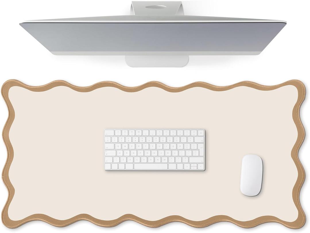 Scalloped Desk Mat Large Scalloped Piping Cute Desk Mat Aesthetic Preppy Table Pad Large Nonslip Pad with Edge Stitching Waterproof Gaming(Beige,31.5 x 15.75 Inches) (White)