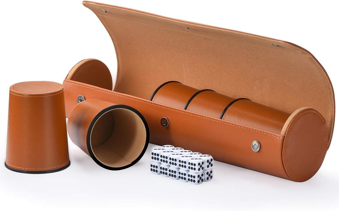 Leather Dice Cup Set, 5 Black Dice Cups + 25 Dices + Exclusive Storage and Transport Case Made of Faux Leather (Orange)