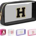 Small Clear Personalized Initial Makeup Bag,Nylon Preppy A-Z Chenille Letter Patch Cosmetic Pouch Beach Toiletry Bag,Waterproof Zipper Travel Purse Storage Bag Organizer for Women Girls(Black-Black H)