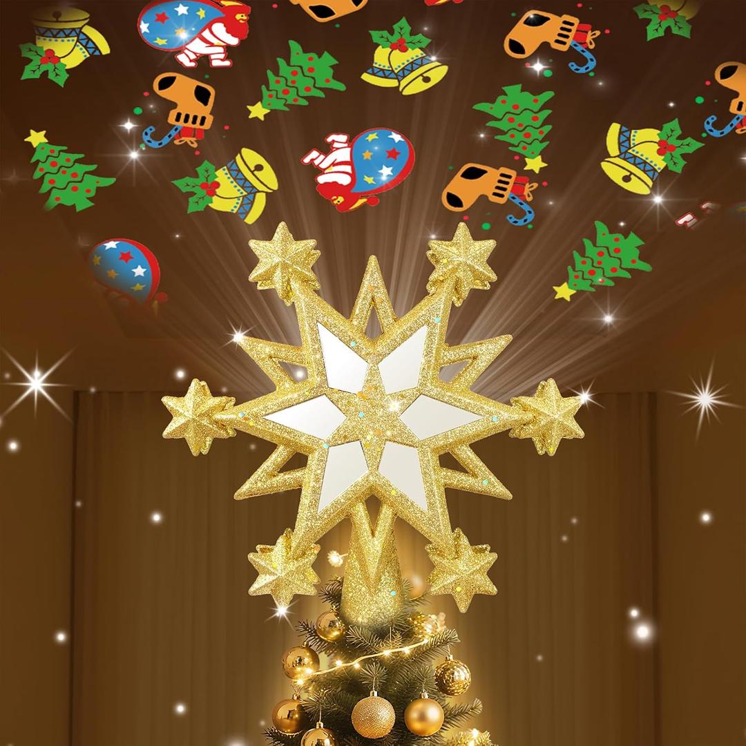 Christmas Star Tree Topper Lighted with 6 Projection Modes, 12-Pointed Star Christmas Tree Topper with Built-in LED Rotating Lights, Gold Christmas Tree Ornament for Xmas Holiday Decorations