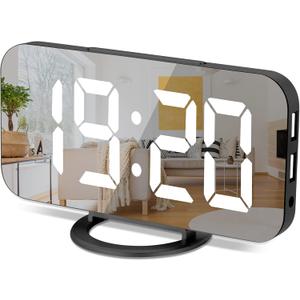 Sukeen Digital Alarm Clock,6" Large LED Display with Dual USB Charger Ports | Auto Dimmer Mode | Easy Snooze Function, Modern Mirror Desk Wall Clock for Bedroom Home Office for All People (Black)