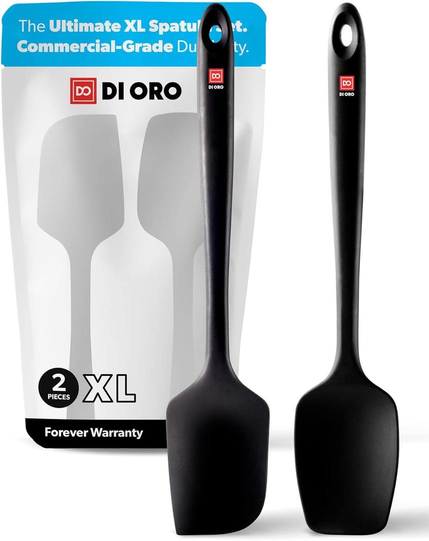New DI ORO Seamless Series 2-Piece Silicone Pro XL Spoonula & Spatula Set - 600F Heat-Resistant Nonstick Rubber Commercial Grade Kitchen Cooking Utensils - Large Scrapers for Mixing & Baking (Black)