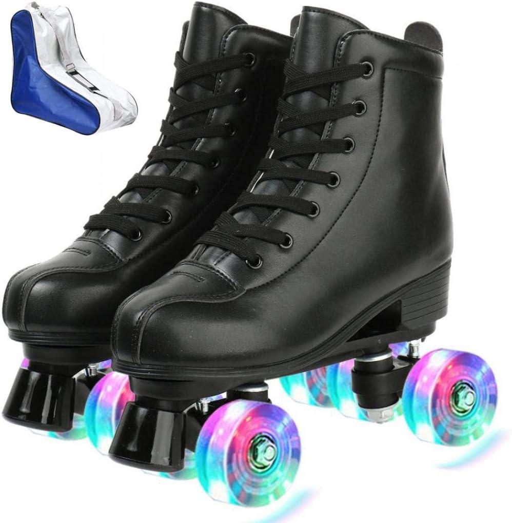 XUDREZ Roller Skate Shoes for Women Men PU Leather High-top Double-Row Roller Skates for Beginner, Professional Indoor Outdoor Roller Skates with Shoes Bag (39-US Women 8.5, US Men 7, flash wheel)