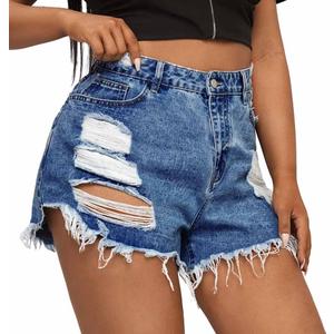 MapleHub Plus Size Denim Shorts Women High Waisted Ripped Folded Hem Jean Shorts (Blue)