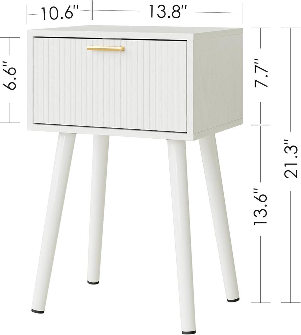 Night Stand, White Nightstand with Fluted Doors, Small Modern Mid-Century Bedside Table for Bedroom, End Table for Living Room