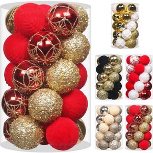 2.36In Velvet Christmas Ball Ornaments, 25PCS Red/Gold Flocked Christmas Tree Hanging Decorations, for Home Holiday Wedding Indoor Xmas Party Decor.