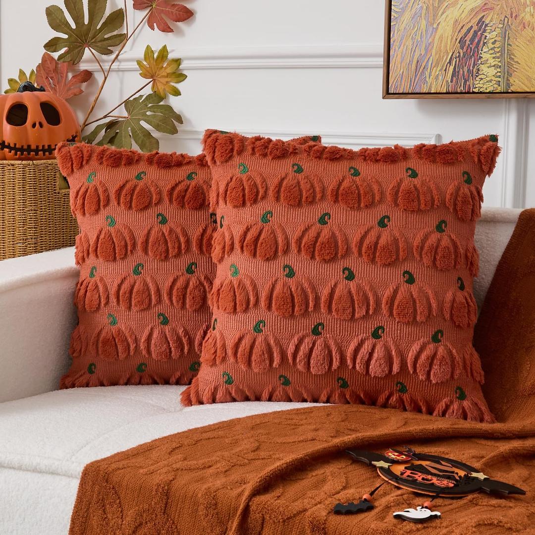 UGASA Fall Pillow Covers 20 x 20 Set of 2 Pumpkin Pattern Embroidery Decorative Throws Pillowcases Autumn Halloween Soft Plush Faux Wool Pillows for Home Couch Sofa Bedroom Chair, Rust