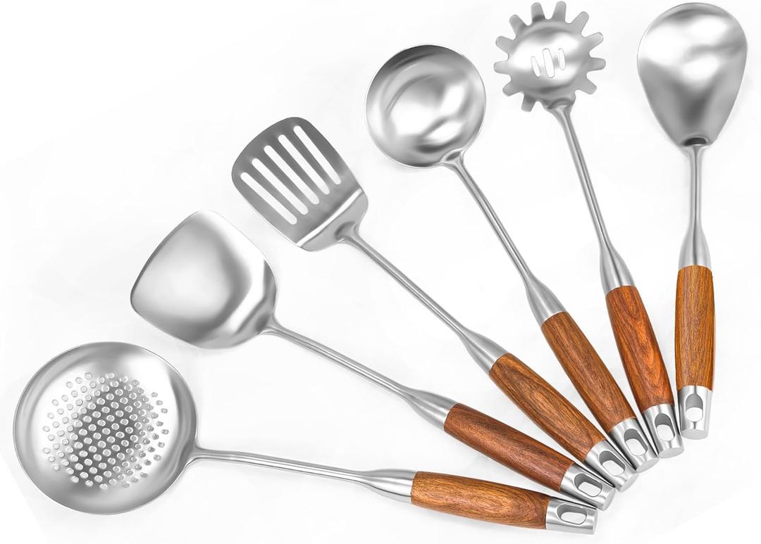 18/10 Stainless Steel Kitchen Utensils Set 6 Pcs Metal Cooking Utensil with Wood Handle, 15.5 Long Spatula, Soup spoon, Leaking shovel, Spaghetti Spoon Kitchen Tools Set (Wood handle - 6 Piece)