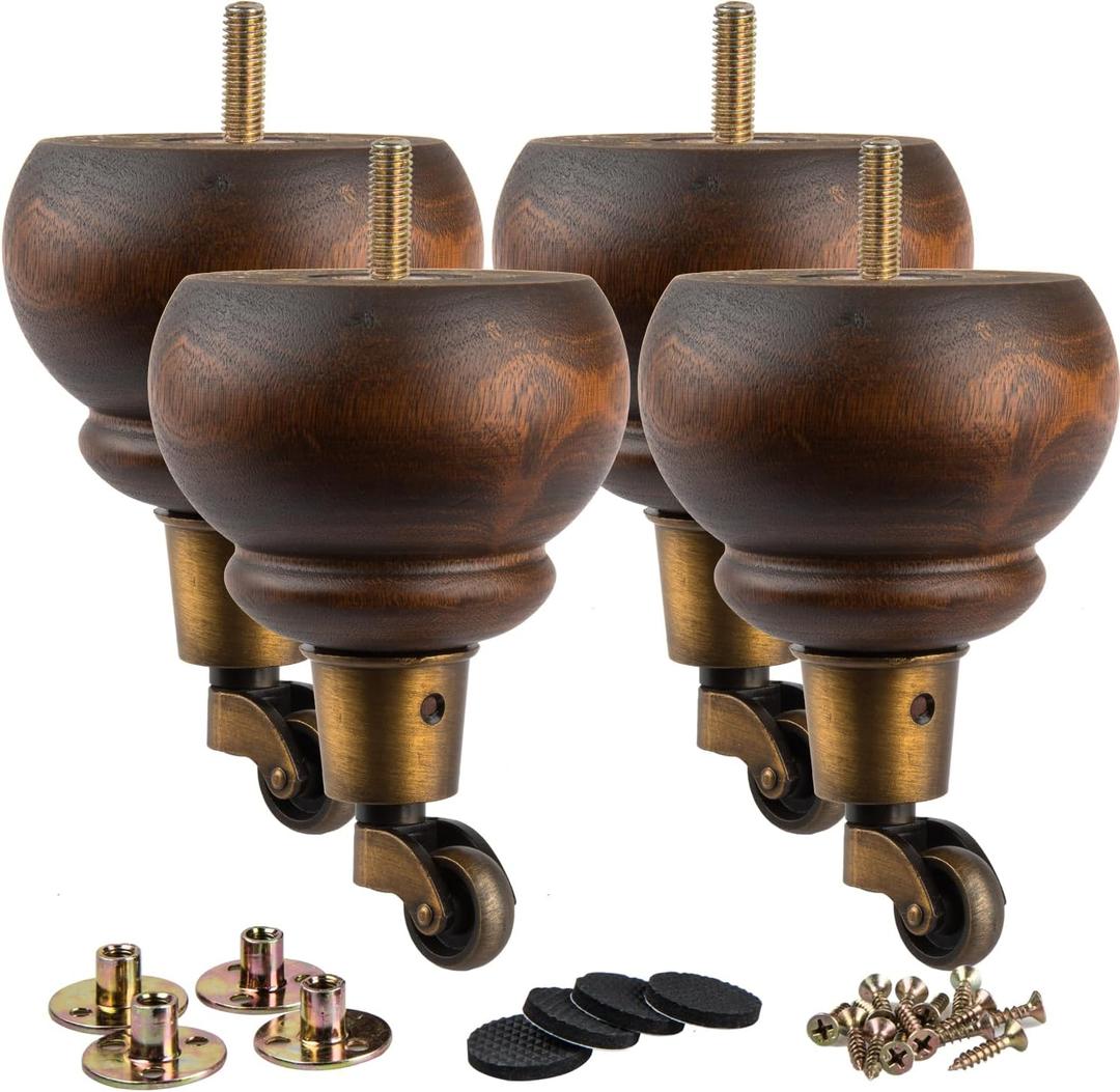 La Vane 5.5 inch Wooden Furniture Legs with Castor, 4PCS Soild Wood Glaze Turned Replacement Bun Feet with Pre-Drilled M8 Inch Bolt & Mounting Plate for Armchair Ottoman Recliner Chair Footstool (Type #03)