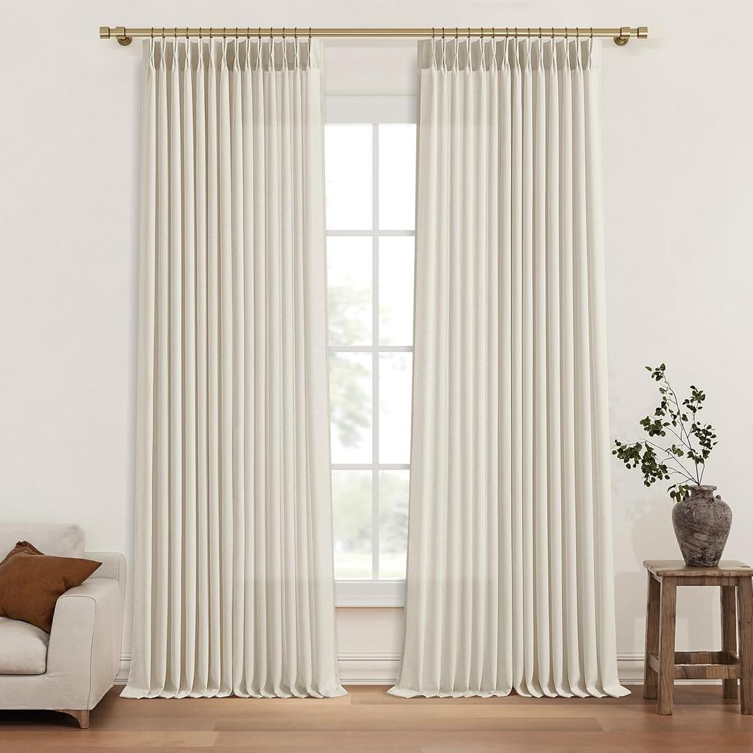 Pinch Pleated Linen Curtains 96 Inches Long for Living Room Bedroom, Light Filtering Boho Window Drape 96 inch 2 Panels Burgs with Hooks&Rings 8ft Cream Birch Sliding Glass Door Sheer Curtain Decor