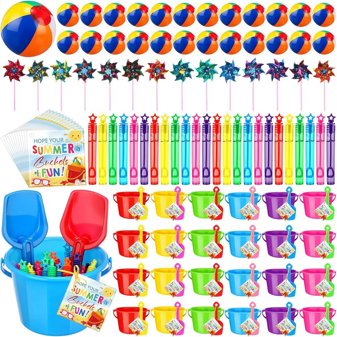 End of Year Gifts Summer Pool Beach Party Favor Include Inflatable Beach Ball Shovels Rainbow Pinwheels Bubble Wand Greeting Card for Party Supplies Gifts Prizes (72 Pcs)