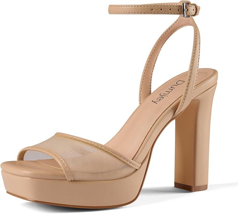Dumjey Mesh Platform Heel Sandals, Open Toe Chunky High Heels with Ankle Strap, Block Heels Dress Shoes for Party Wedding - Mesh Nude, Size 5 US