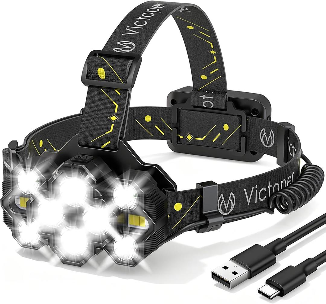 Victoper Headlamp Rechargeable, High Lumen Bright 10 LEDs Head Lamp, 8+2 Modes Head Light with Red Light for Adult, Waterproof Head Flashlight for Outdoor Running, Hunting, Camping, Hiking