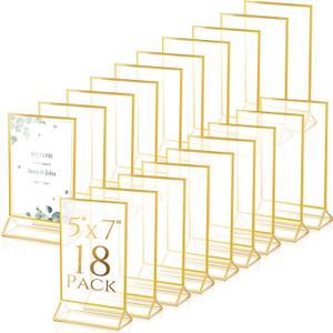24 Pack Gold Picture Frames 5 x 7 Inch Clear Acrylic Sign Holders Double Sided Display Frames Bulk with Stand 2 mm Gold Border for Table Numbers Wedding Party (Vertical)