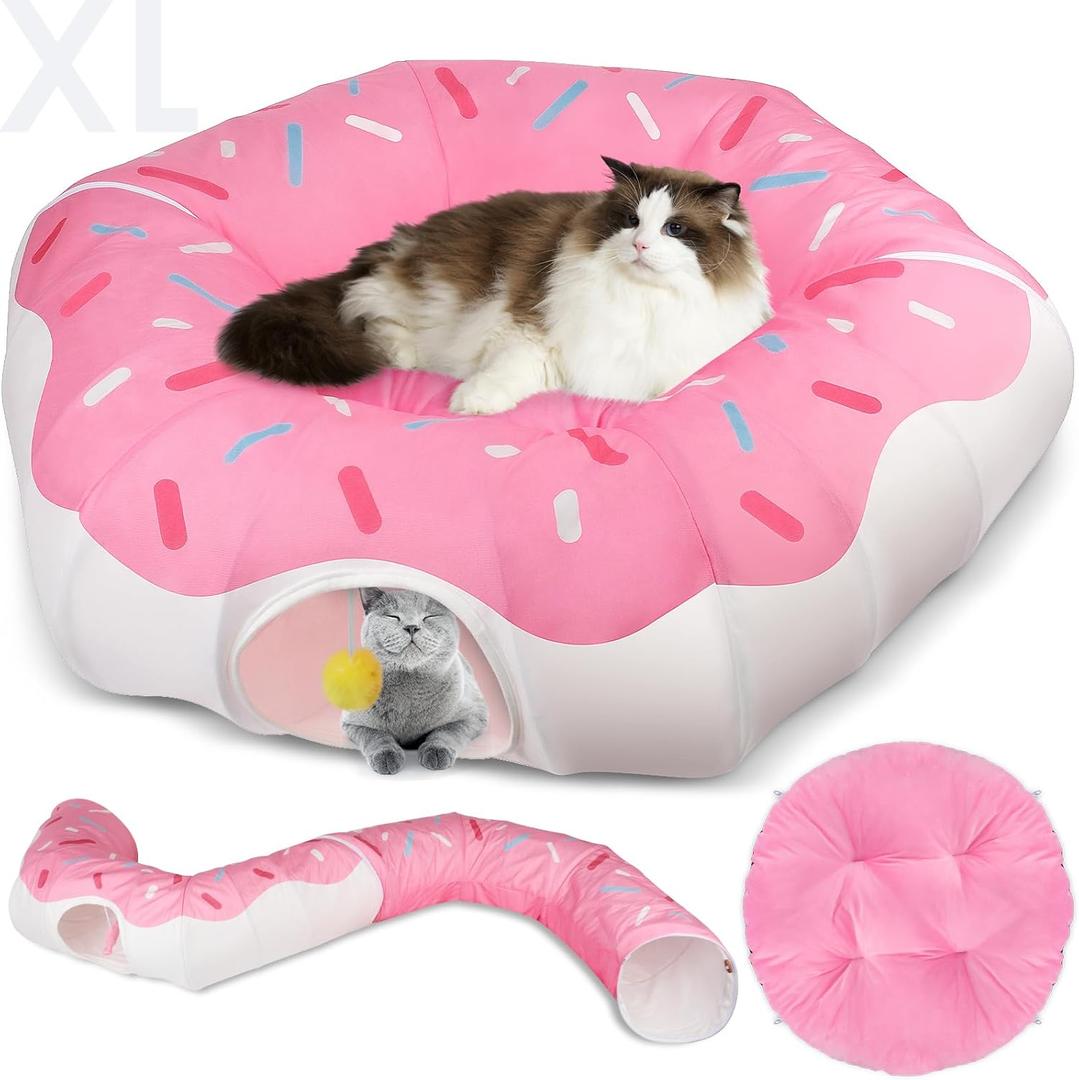 Extra Large Cat Tunnels for Indoor Cats, Multifunctional Cat Tunnel Bed, Cute Cat Donut Tunnel with Washable Cushion & Hanging Balls, Detachable Cat Tunnel Toy for Large Cat, Kittens (41 in)