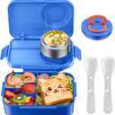 DaCool Upgraded Kids Lunch Box with Thermo for Hot Food 1400ml Child Bento Box for Kids with 5oz Small Thermo for Boys Girls with Fork Spoon Leakproof for Dining Out School Work Picnic, Blue
