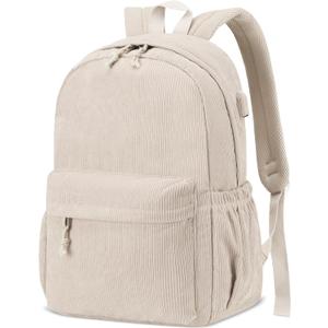 School Backpack for Teens Girls Boys, Large Corduroy College Bookbag Lightweight Backpack Purse for Women Fit for 15.6 Inch Laptop (Beige)