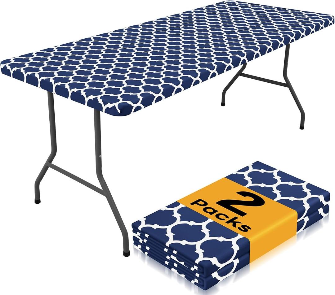 Smiry 2 Pack Rectangle Table Cloth 6 Foot, Waterproof Elastic Fitted Tablecloths, Windproof Washable Polyester Table Cover for Picnic, Camping, Outdoor& Patriotic Decor (Navy, 30"x72")